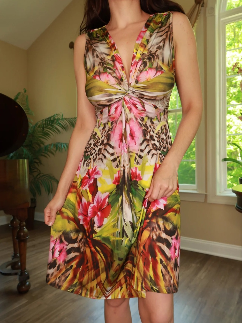 VINTAGE TROPICAL FLORAL ANIMAL PRINT TWIST FRONT DRESS